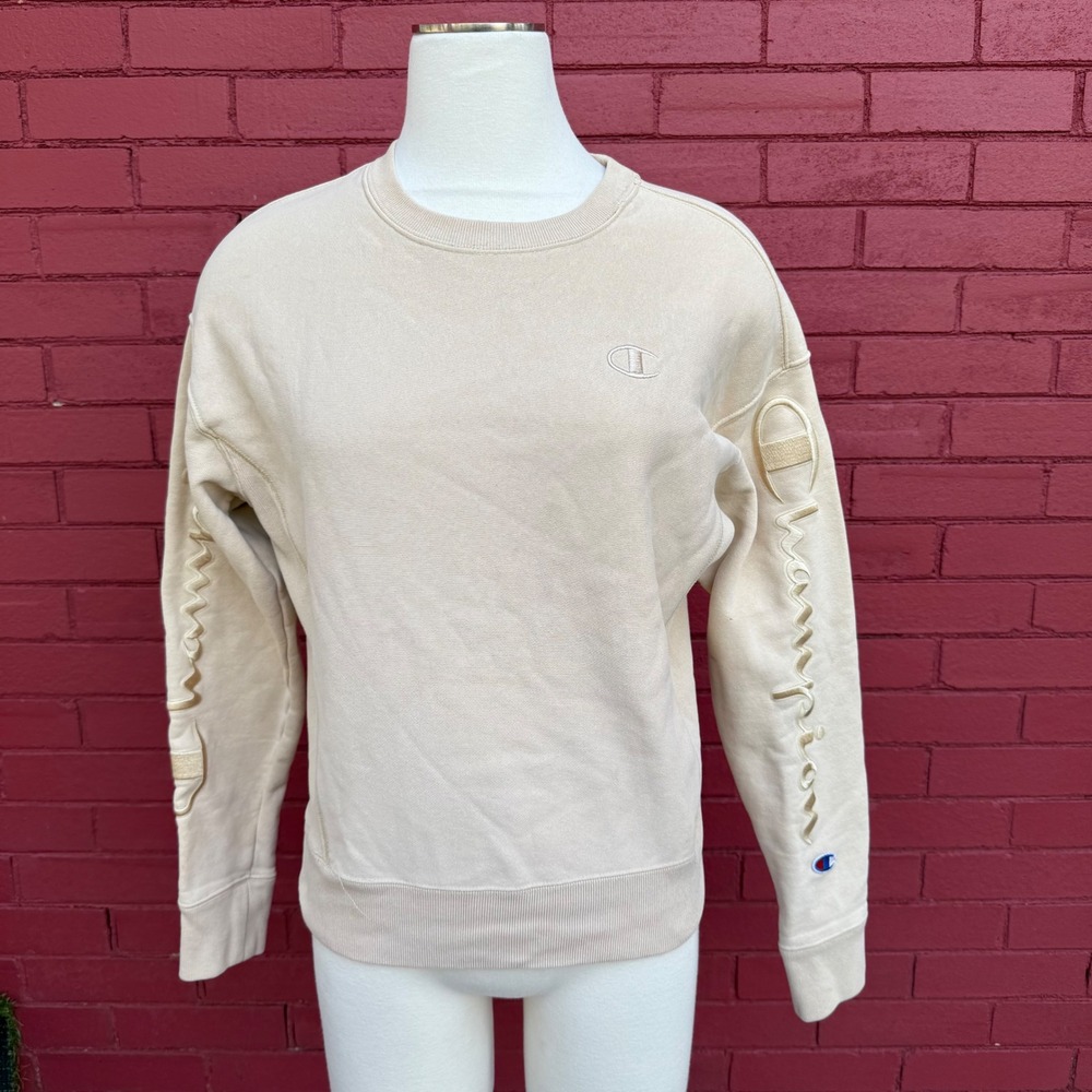 Vtg Champion Reverse Weave Sweatshirt‎ Beige Embroidered Logo Womens Size Small